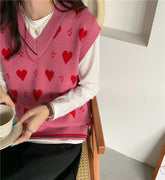 V-Neck Heart Pattern Sleeveless Knitted Vest Sweater